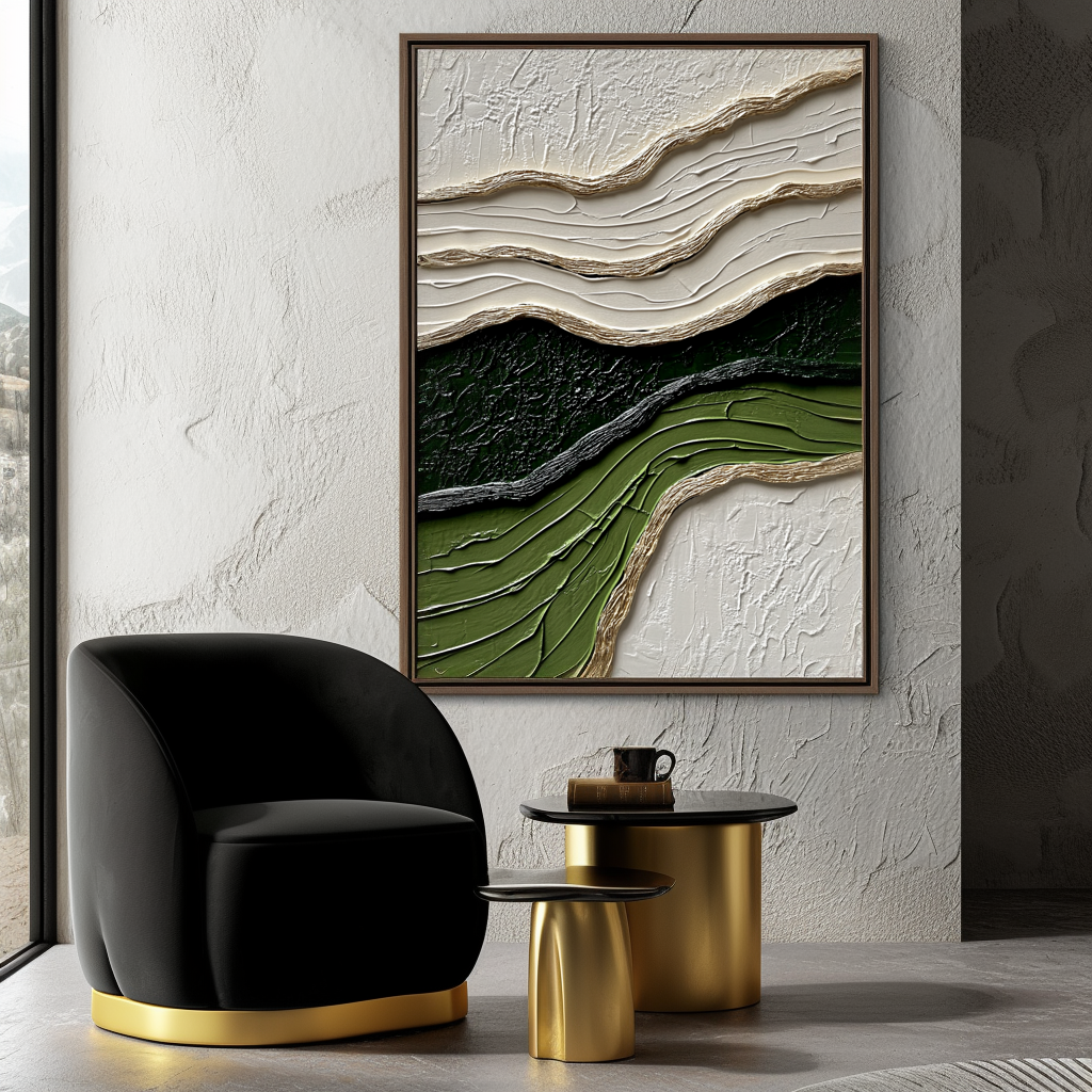 Echoes of Earth-3D Textured Wave Impasto Wall Art, Beige Black Olive Green Minimalist Modern Home Decor