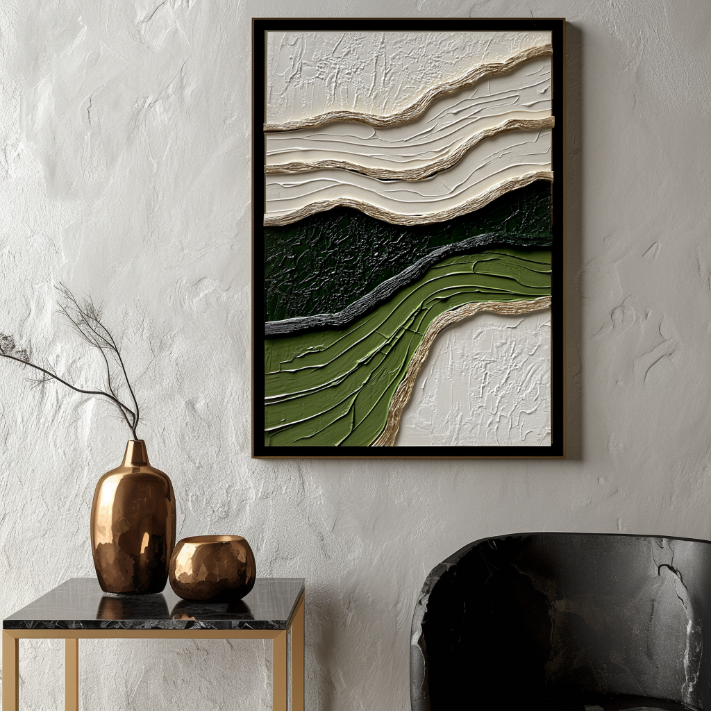 Echoes of Earth-3D Textured Wave Impasto Wall Art, Beige Black Olive Green Minimalist Modern Home Decor