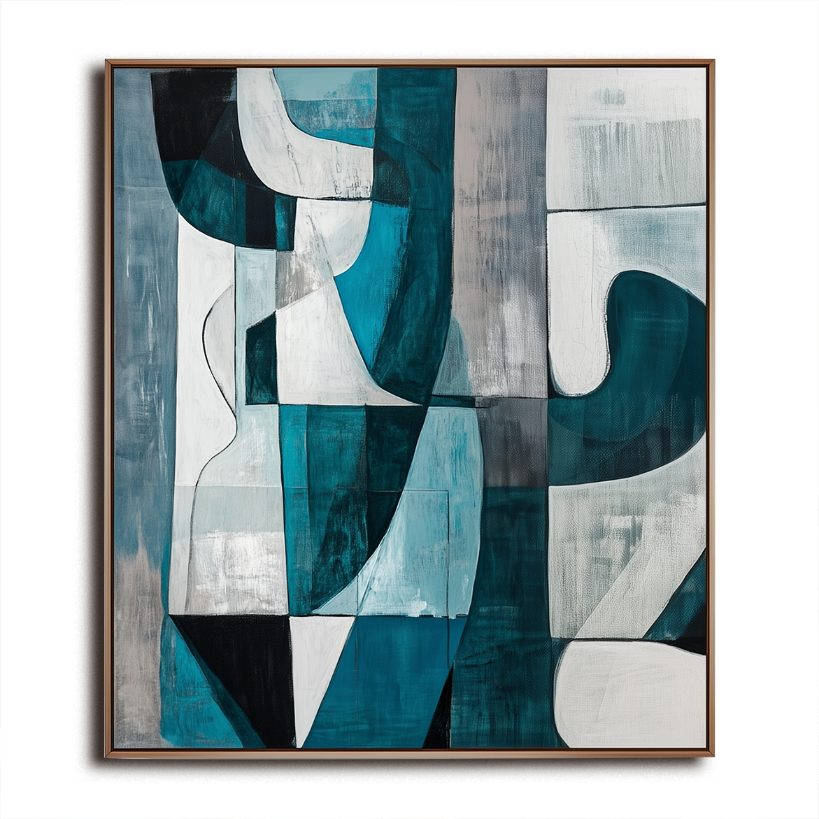 Echoes of Form: Modern Abstract Geometric Wall Art - Teal & Gray Toned Framed Canvas Painting for Living Room & Bedroom Decor