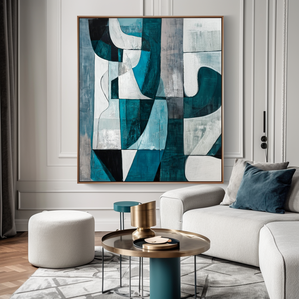 Echoes of Form: Modern Abstract Geometric Wall Art - Teal & Gray Toned Framed Canvas Painting for Living Room & Bedroom Decor