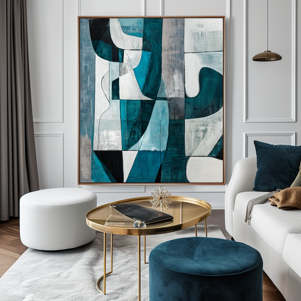 Echoes of Form: Modern Abstract Geometric Wall Art - Teal & Gray Toned Framed Canvas Painting for Living Room & Bedroom Decor