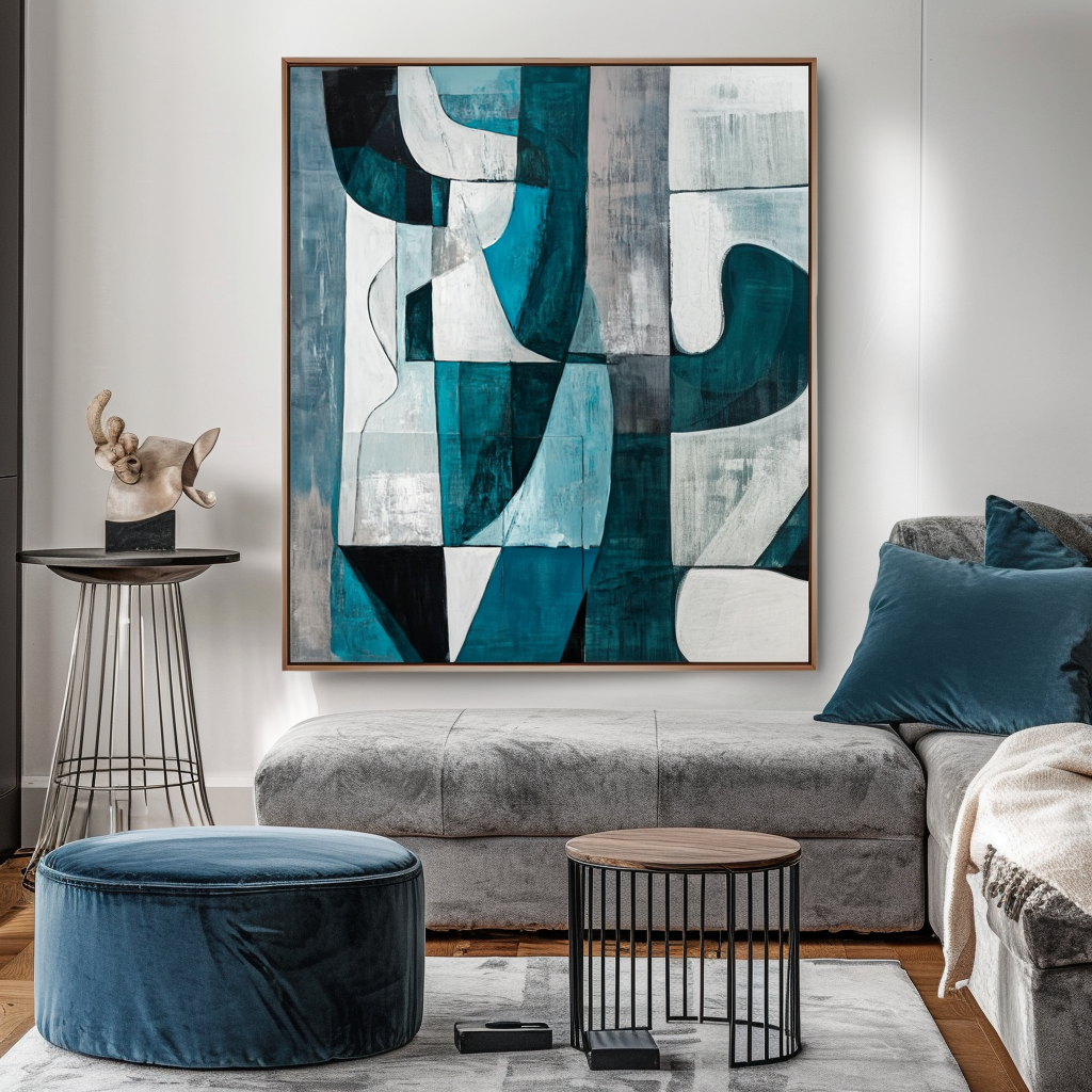 Echoes of Form: Modern Abstract Geometric Wall Art - Teal & Gray Toned Framed Canvas Painting for Living Room & Bedroom Decor