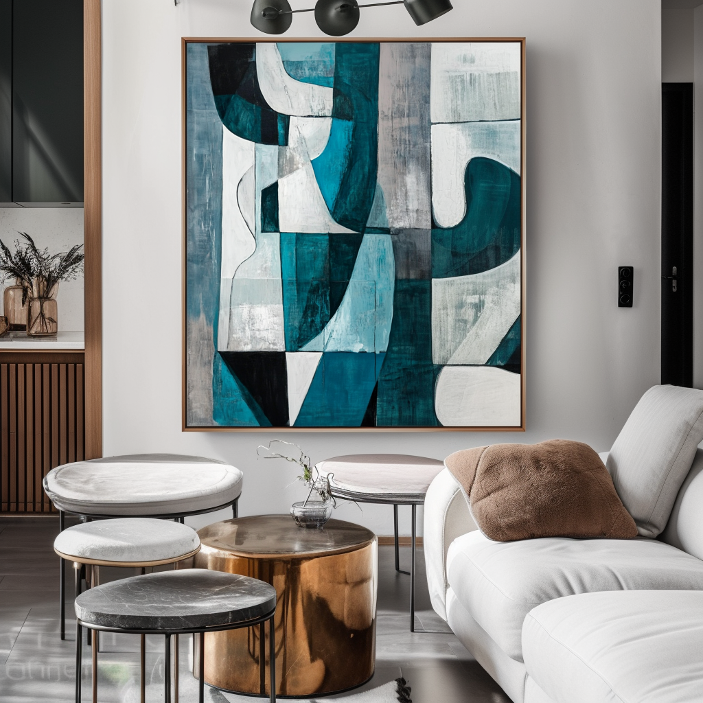 Echoes of Form: Modern Abstract Geometric Wall Art - Teal & Gray Toned Framed Canvas Painting for Living Room & Bedroom Decor