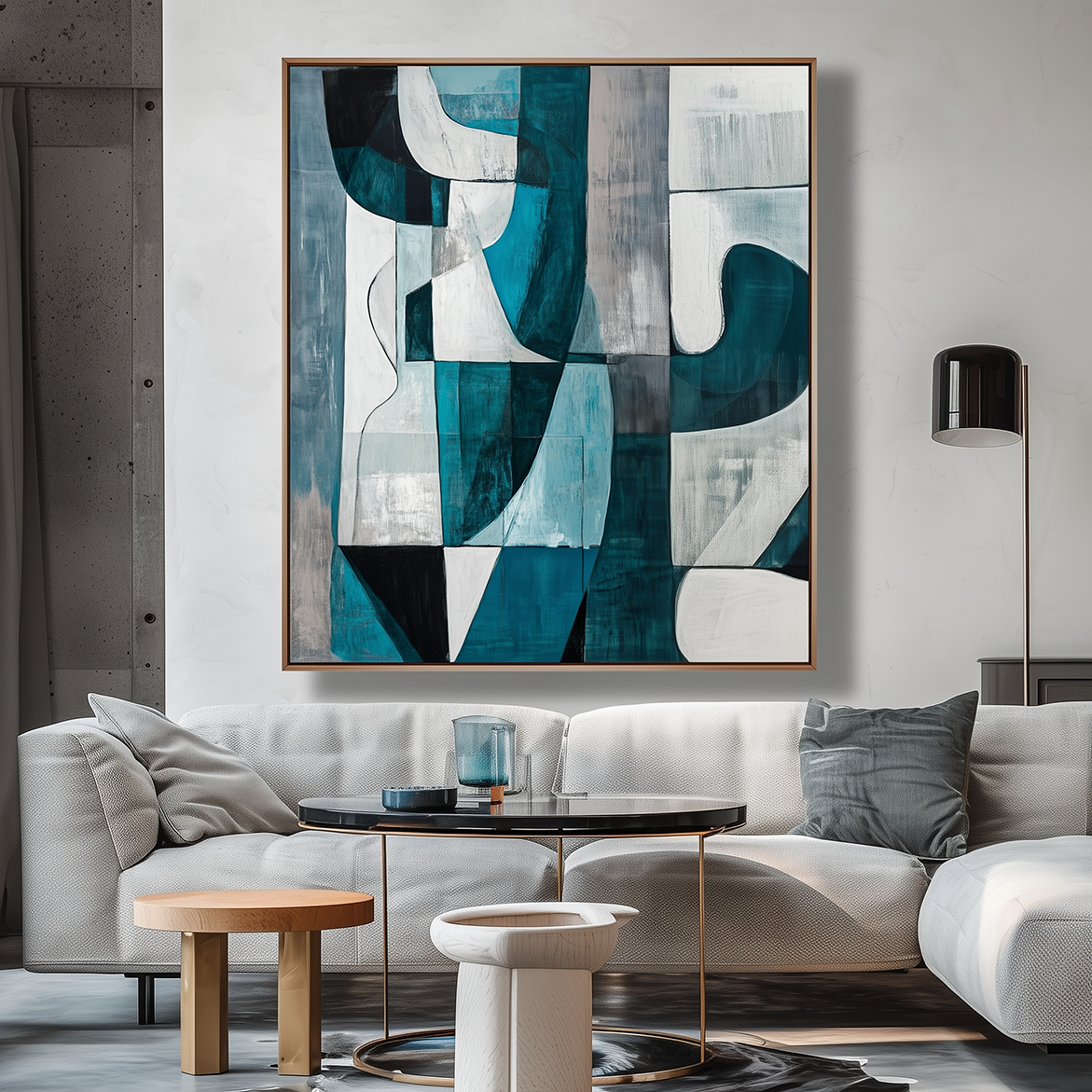 Echoes of Form: Modern Abstract Geometric Wall Art - Teal & Gray Toned Framed Canvas Painting for Living Room & Bedroom Decor