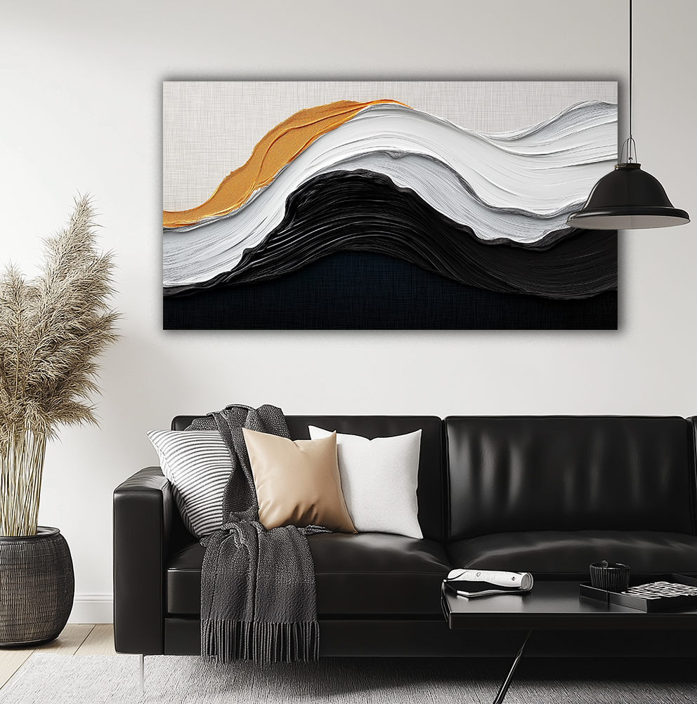 Echoes of Stillness- Black White Gold Abstract Wave Wall Art - Textured 3D Minimalist Home Deco