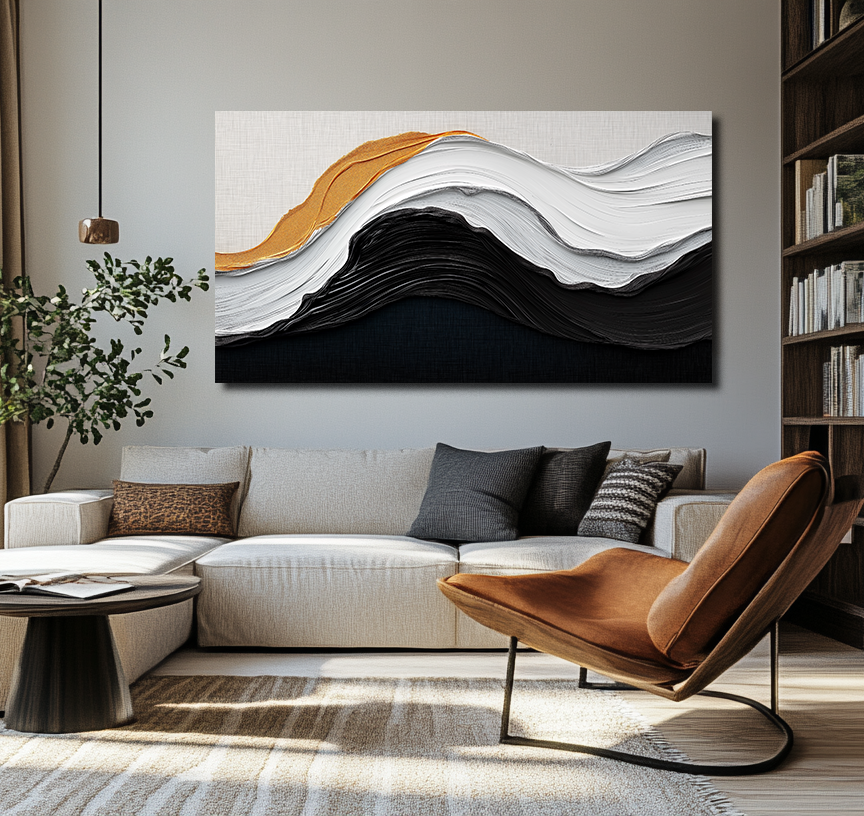 Echoes of Stillness- Black White Gold Abstract Wave Wall Art - Textured 3D Minimalist Home Deco