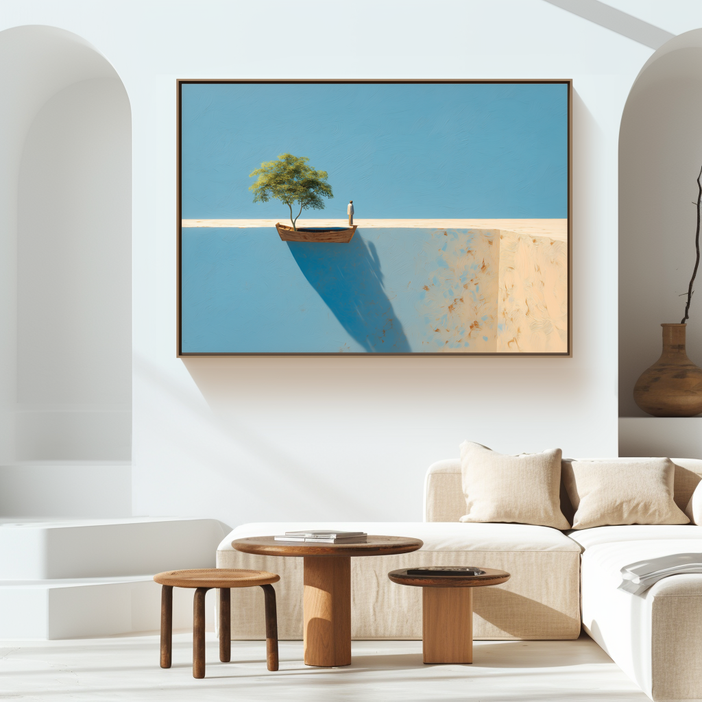 Edge of Stillness – Conceptual Tree and Boat Painting with Long Shadow Minimalist Landscape