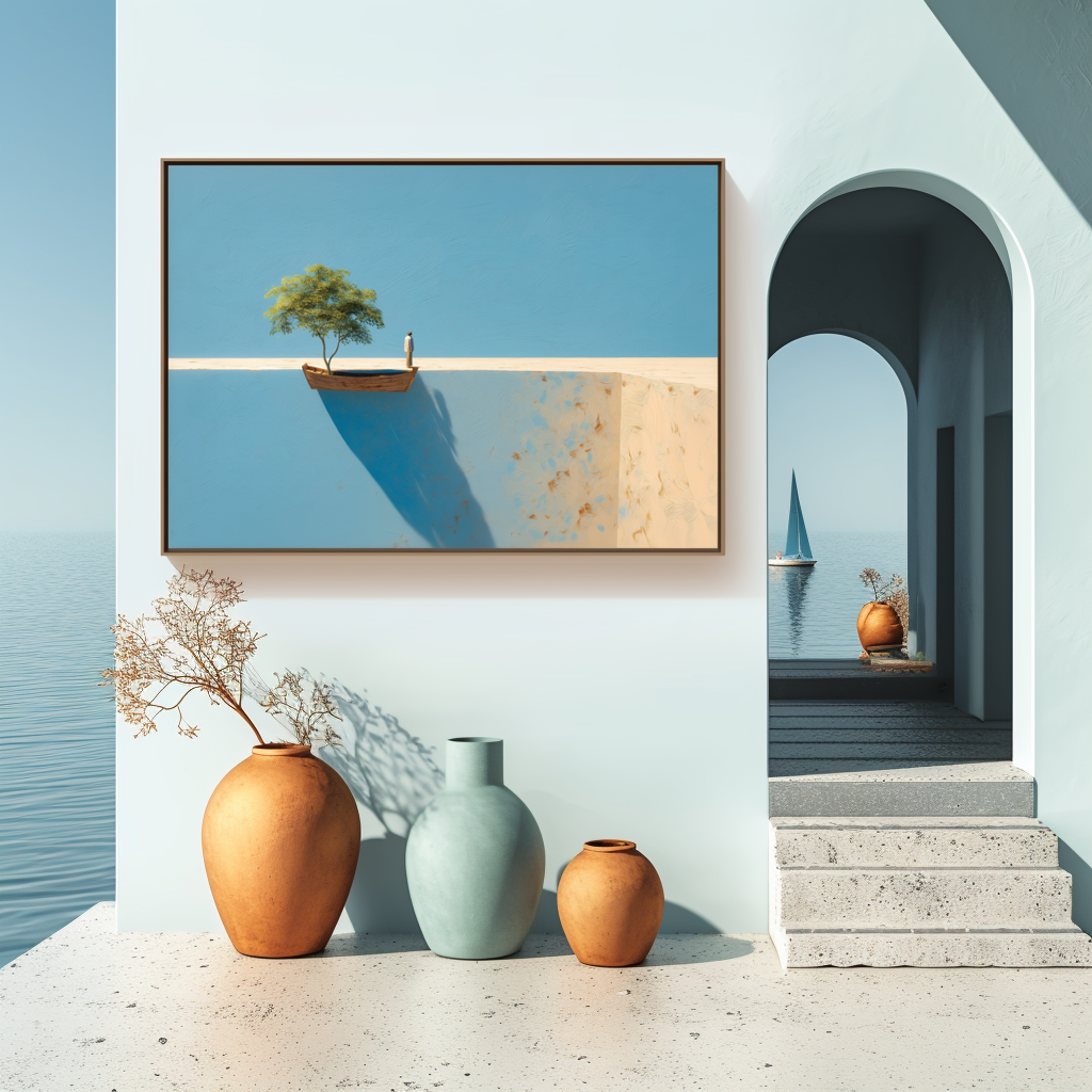 Edge of Stillness – Conceptual Tree and Boat Painting with Long Shadow Minimalist Landscape