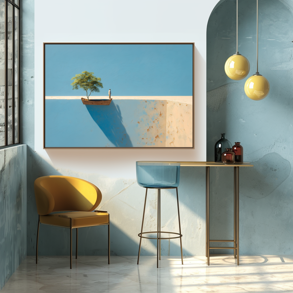 Edge of Stillness – Conceptual Tree and Boat Painting with Long Shadow Minimalist Landscape