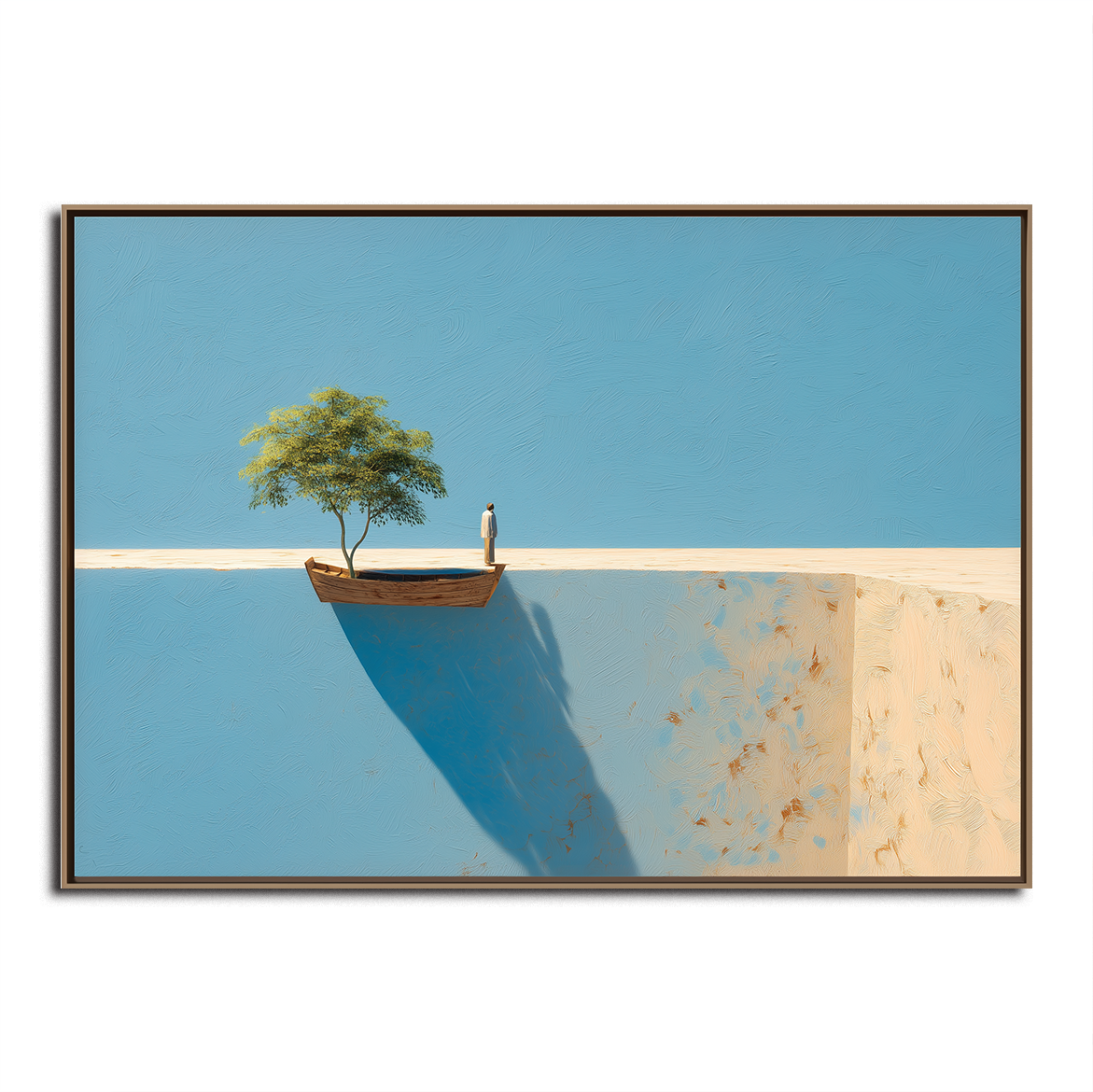 Edge of Stillness – Conceptual Tree and Boat Painting with Long Shadow Minimalist Landscape