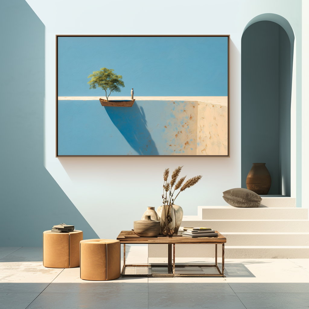 Edge of Stillness – Conceptual Tree and Boat Painting with Long Shadow Minimalist Landscape