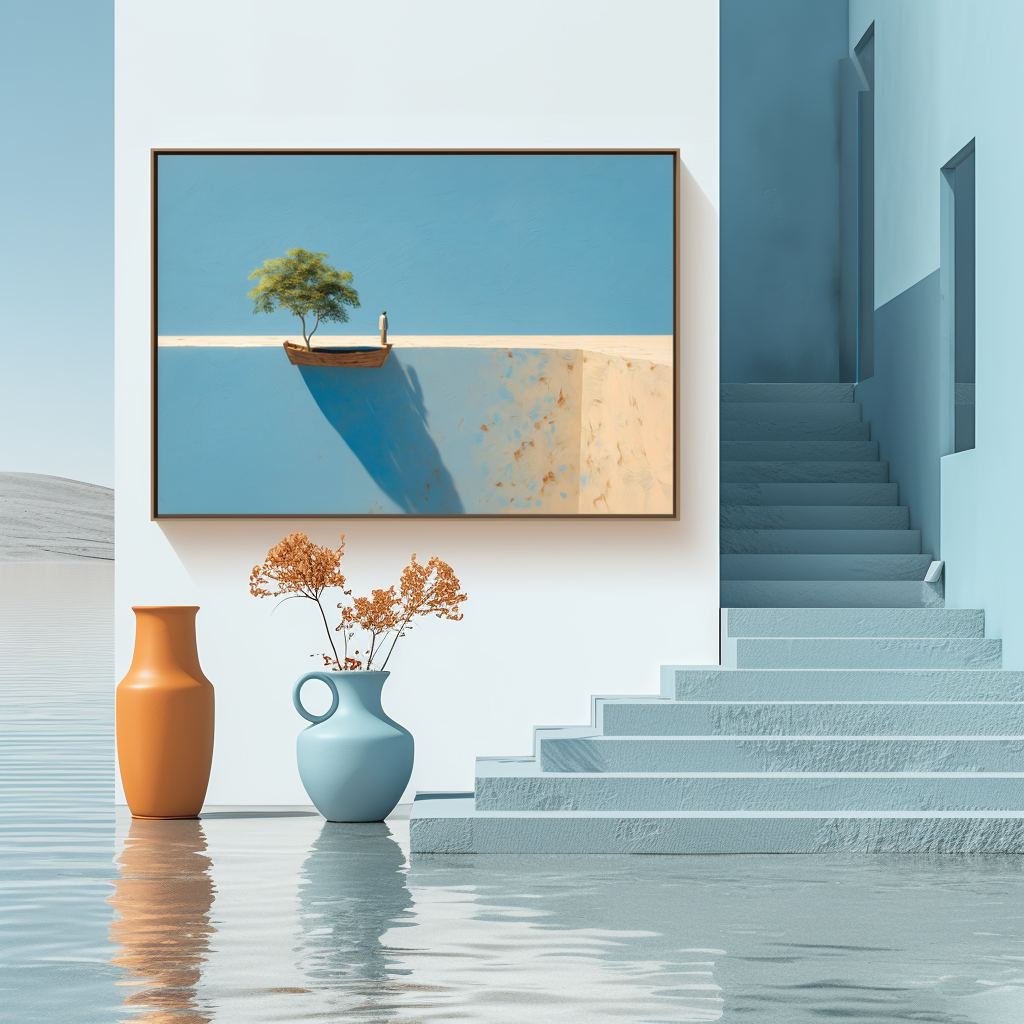 Edge of Stillness – Conceptual Tree and Boat Painting with Long Shadow Minimalist Landscape