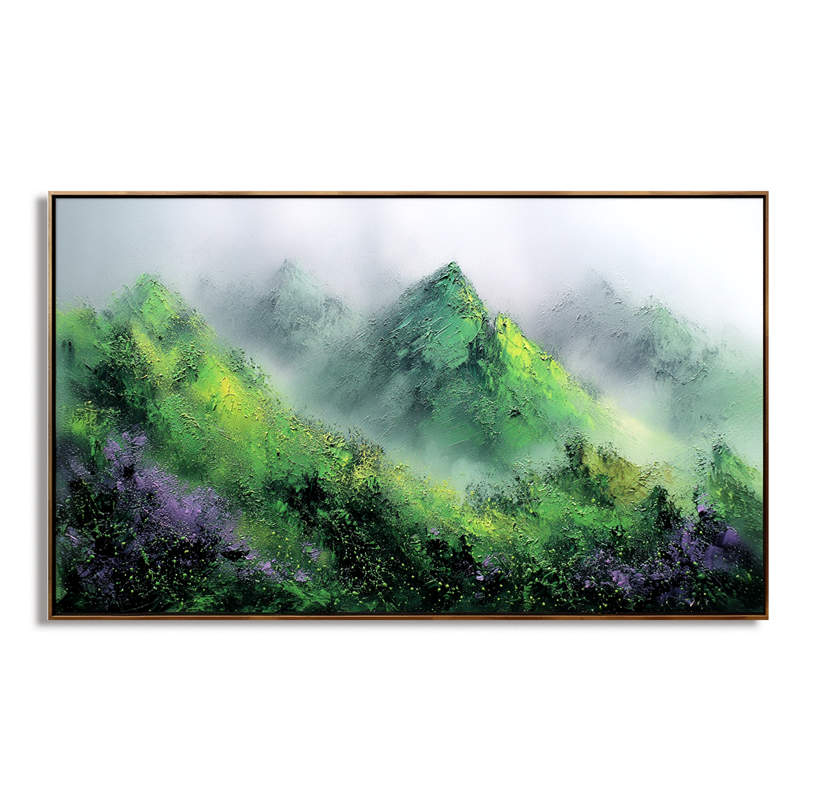 Abstract mountain landscape painting with textured green peaks and misty background, horizontal canvas wall art for modern interiors.