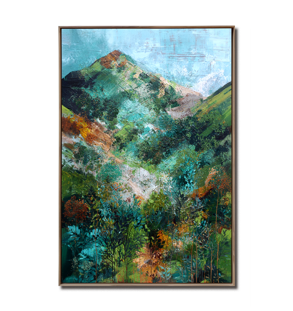 Abstract mountain landscape painting with textured green and blue tones, vertical canvas wall art for modern interiors.