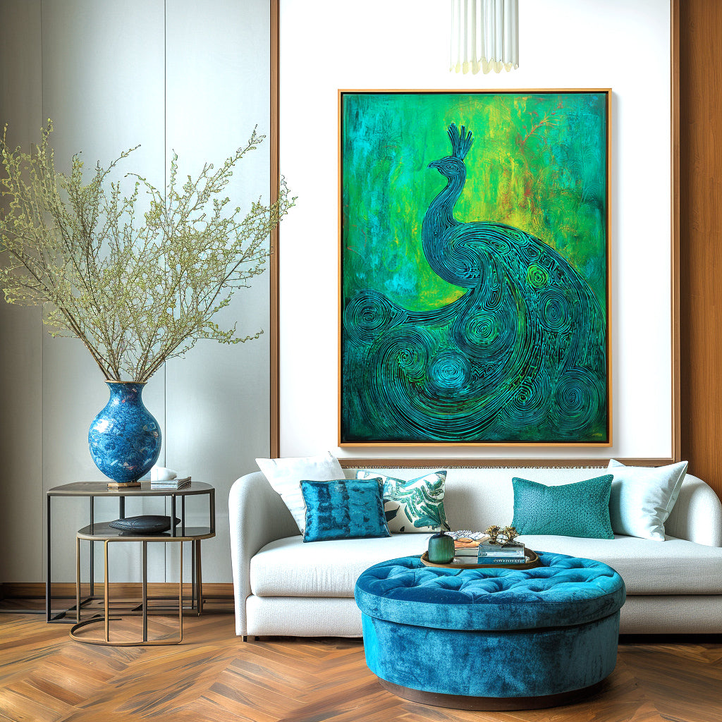Emerald Poise - Textured Green and Blue Peacock Oil Painting