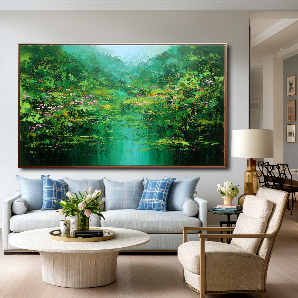 Emerald Reflection – Abstract Landscape Painting, Textured Green Canvas Wall Art for Modern Interiors