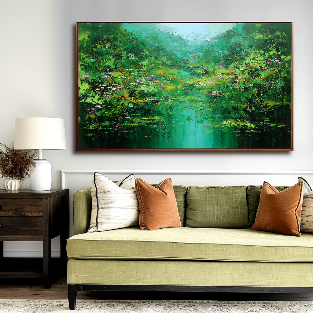 Emerald Reflection – Abstract Landscape Painting, Textured Green Canvas Wall Art for Modern Interiors