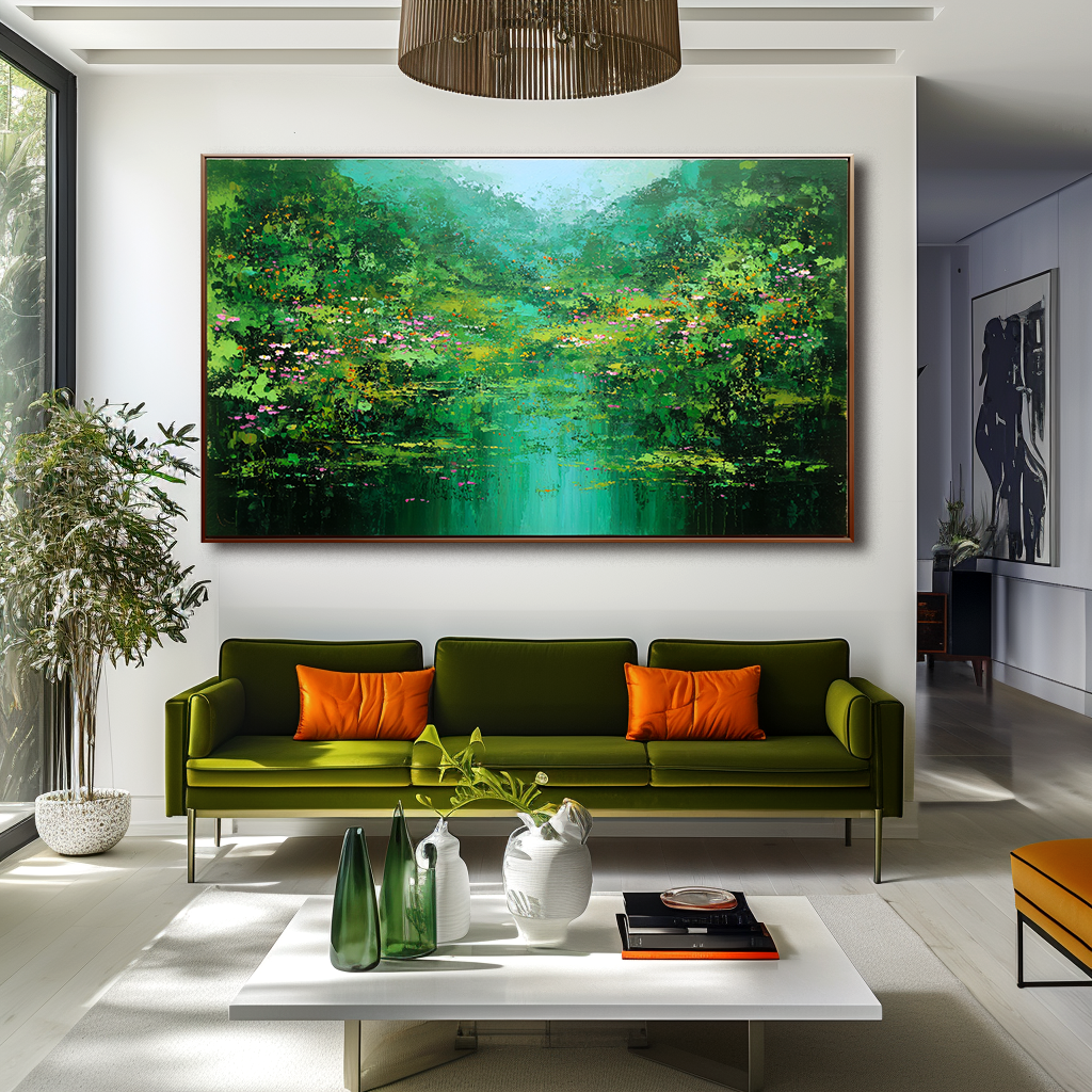 Emerald Reflection – Abstract Landscape Painting, Textured Green Canvas Wall Art for Modern Interiors