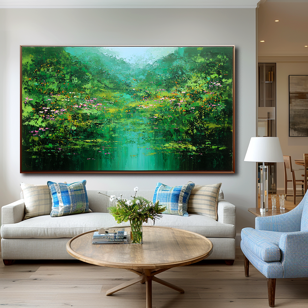 Emerald Reflection – Abstract Landscape Painting, Textured Green Canvas Wall Art for Modern Interiors
