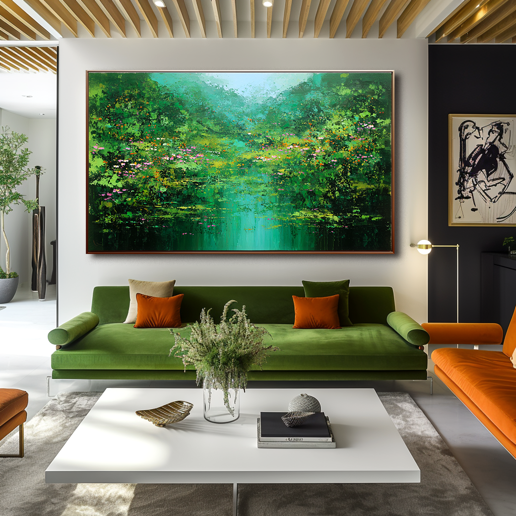 Emerald Reflection – Abstract Landscape Painting, Textured Green Canvas Wall Art for Modern Interiors