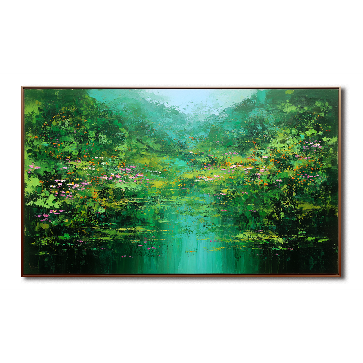 Abstract landscape painting with green tones and reflective water, horizontal textured canvas wall art for modern interiors.