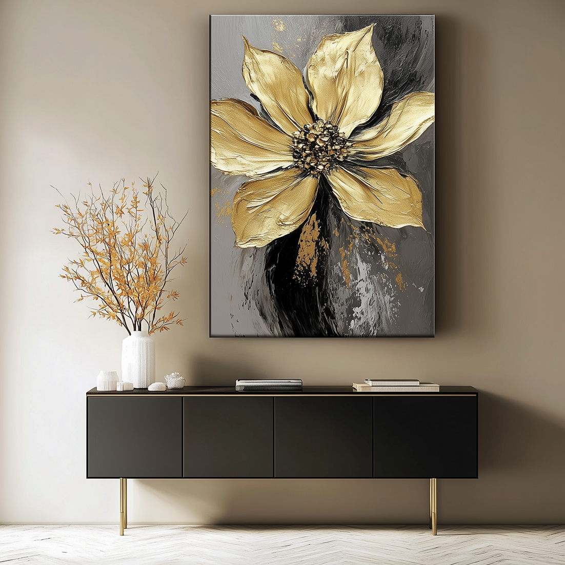 Eternal Bloom-Textured Golden Floral Oil Painting, Abstract Luxury Flower Wall Art for Modern Home Decor