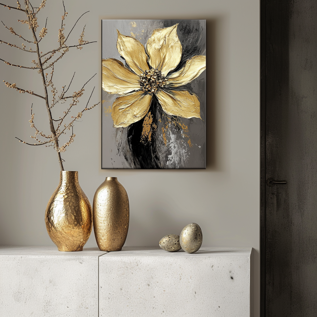 Eternal Bloom-Textured Golden Floral Oil Painting, Abstract Luxury Flower Wall Art for Modern Home Decor