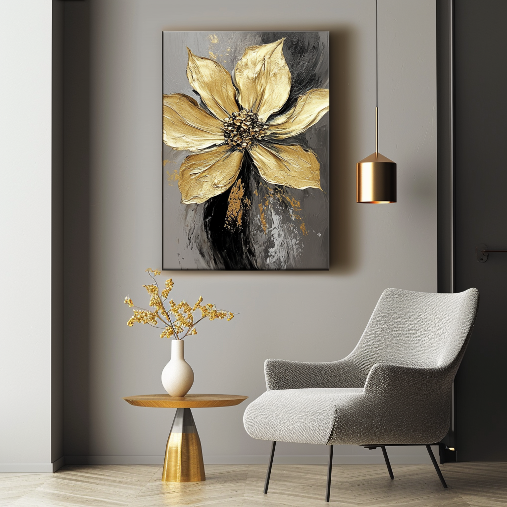Eternal Bloom-Textured Golden Floral Oil Painting, Abstract Luxury Flower Wall Art for Modern Home Decor