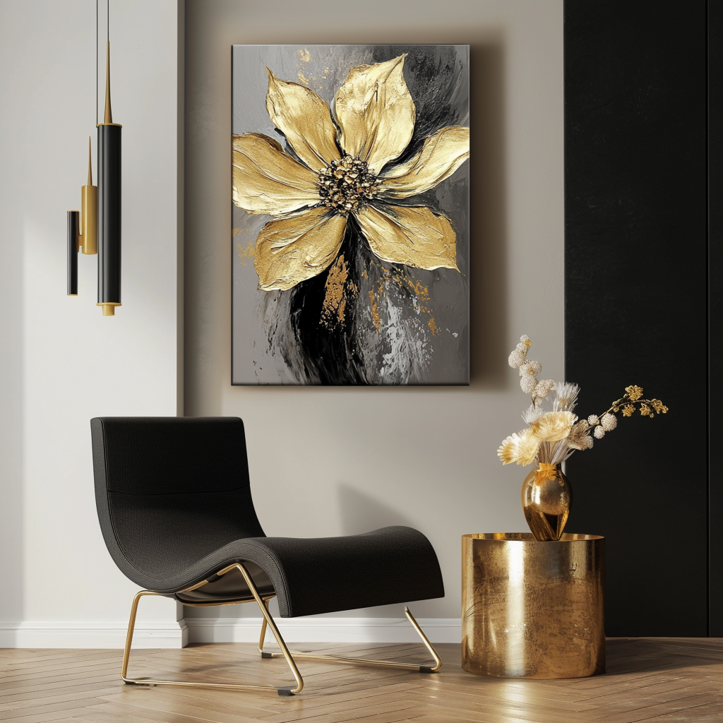 Eternal Bloom-Textured Golden Floral Oil Painting, Abstract Luxury Flower Wall Art for Modern Home Decor