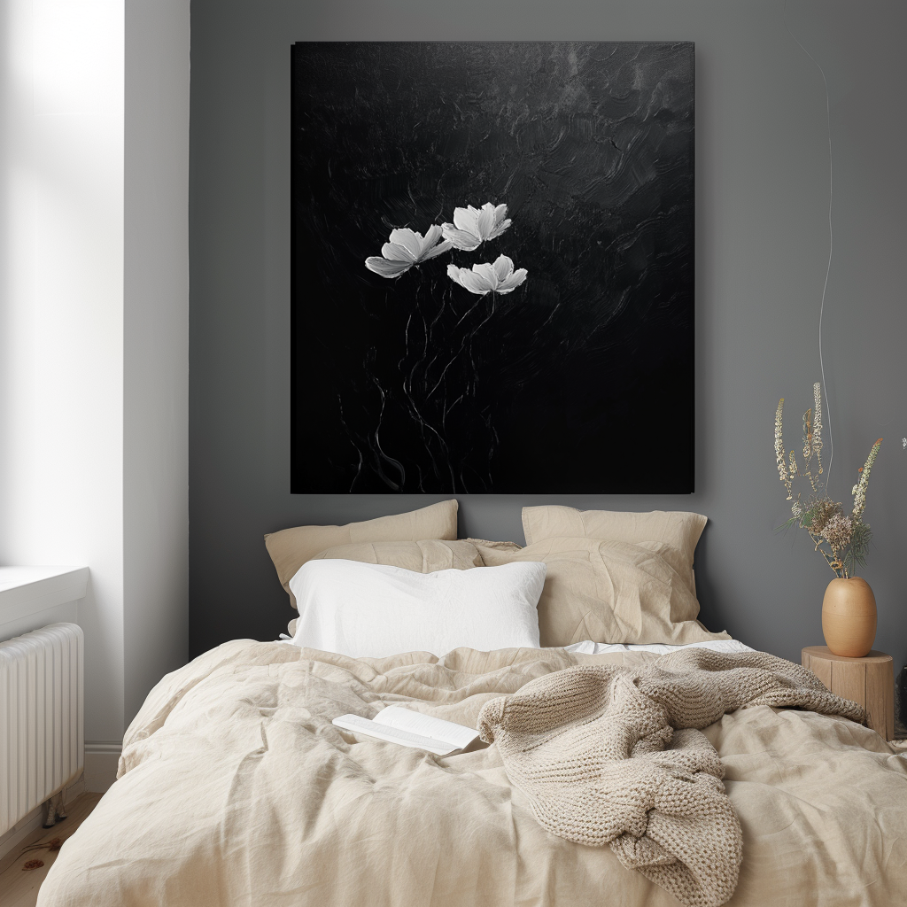 Eternal Blooms-Black and White Floral Oil Painting for Minimalist Decor