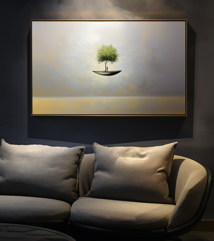 Ethereal Haven – Surreal Floating Tree Painting Horizontal Conceptual Canvas Art