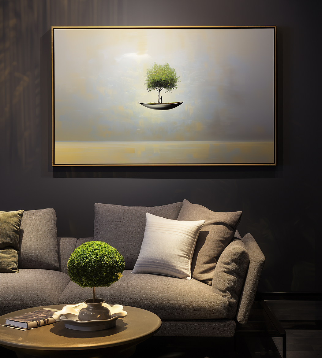 Ethereal Haven – Surreal Floating Tree Painting Horizontal Conceptual Canvas Art