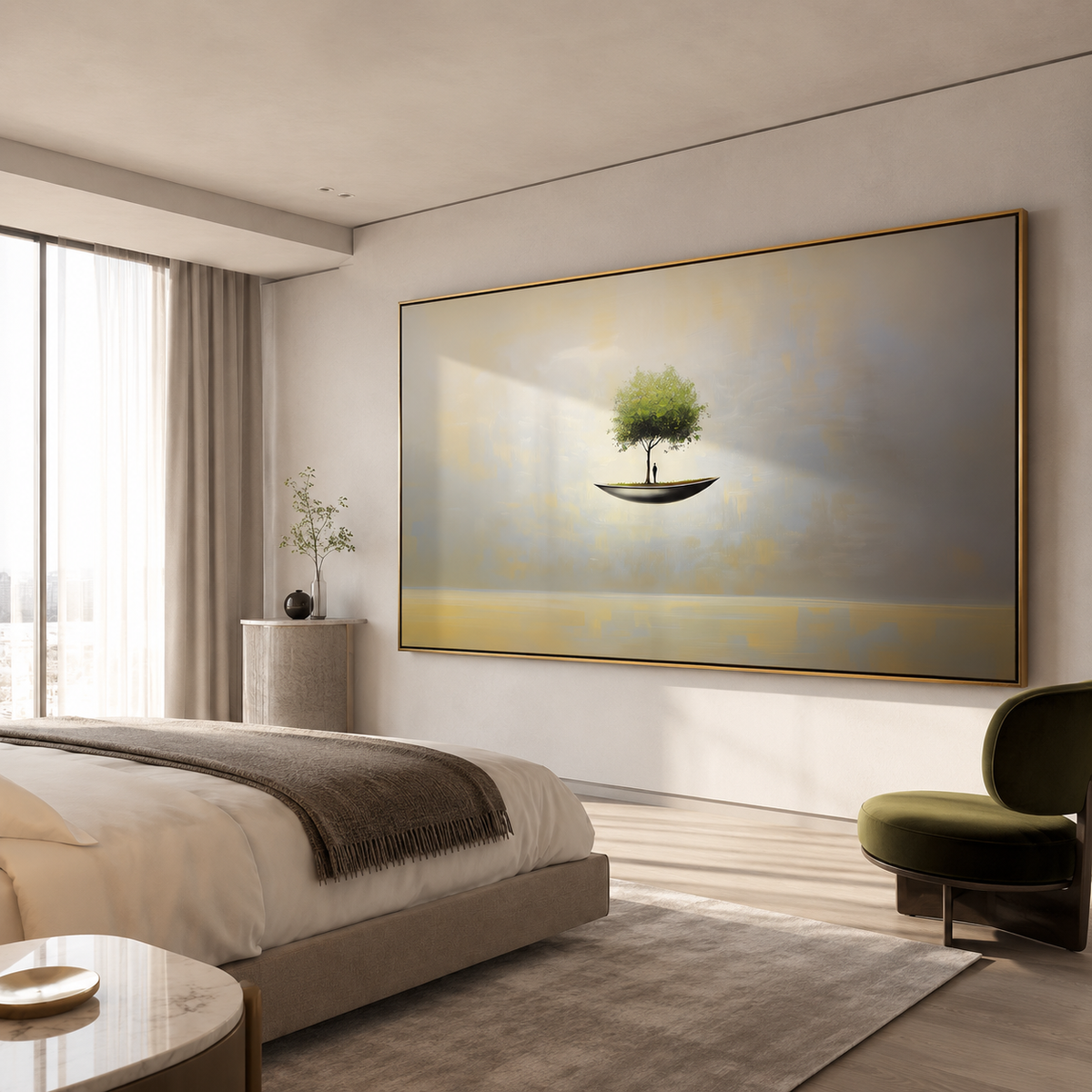 Ethereal Haven – Surreal Floating Tree Painting Horizontal Conceptual Canvas Art