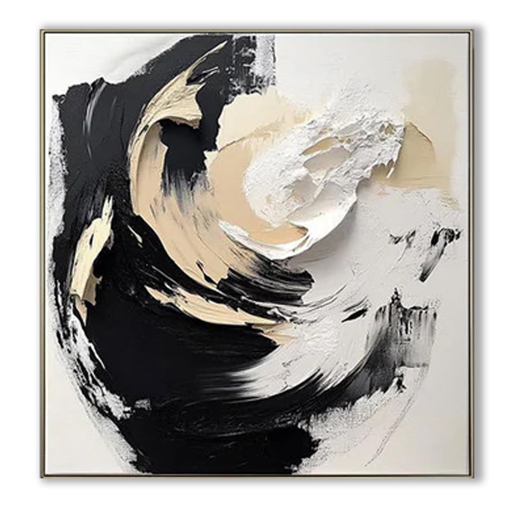 Original Hand-Painted Abstract Art with Dynamic Black, White & Beige Swirls - Luxurious Wall Decor for Contemporary Interiors