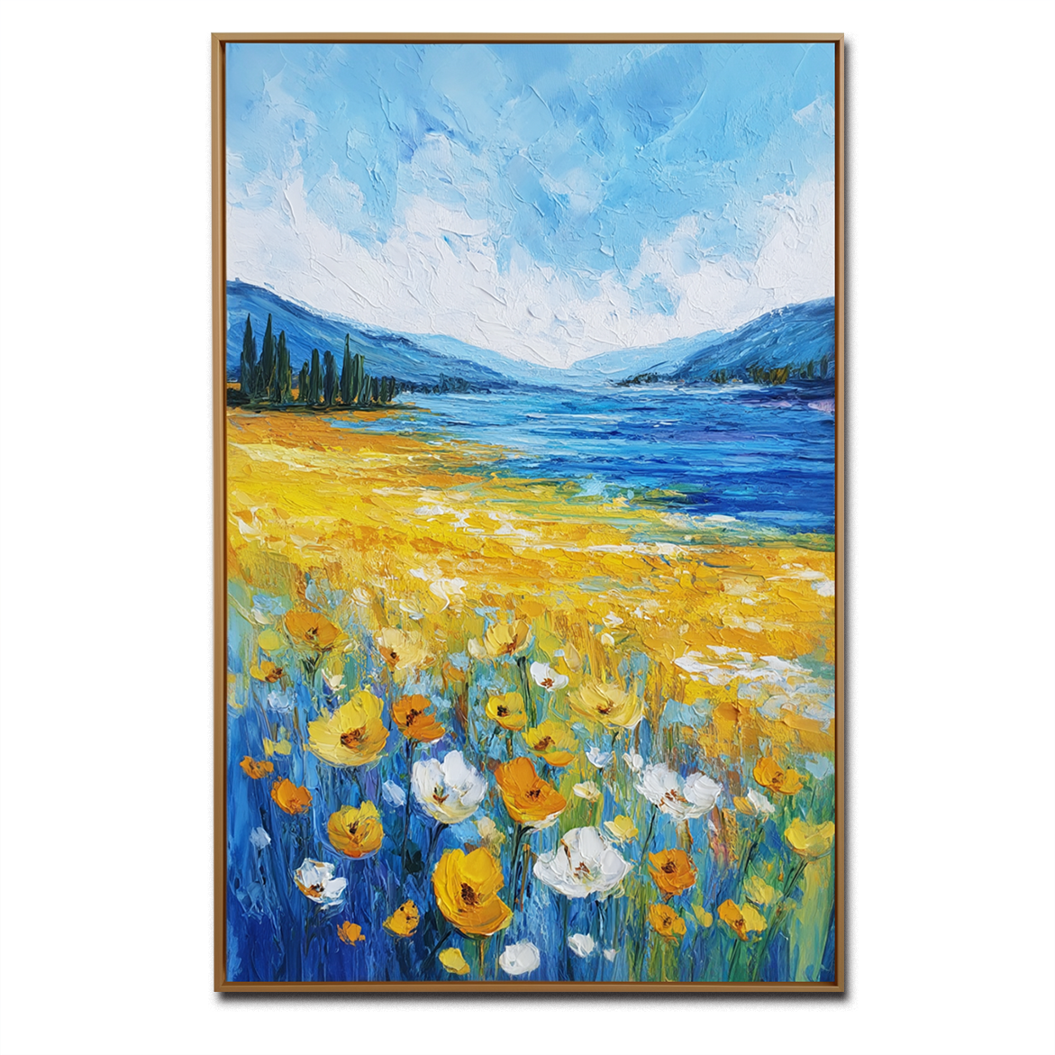 Fields of Light - Yellow Wildflower Landscape Painting Blue Lake & Mountain Wall Art