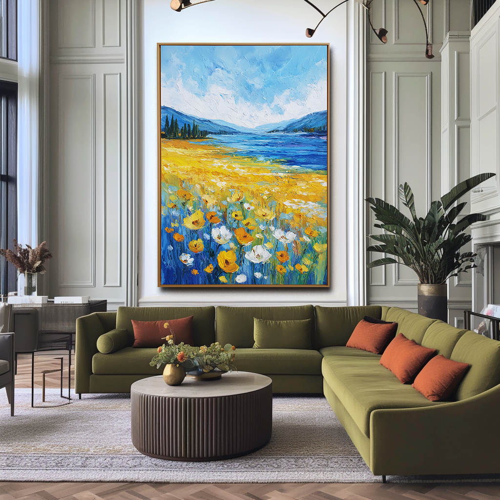 Fields of Light - Yellow Wildflower Landscape Painting Blue Lake & Mountain Wall Art