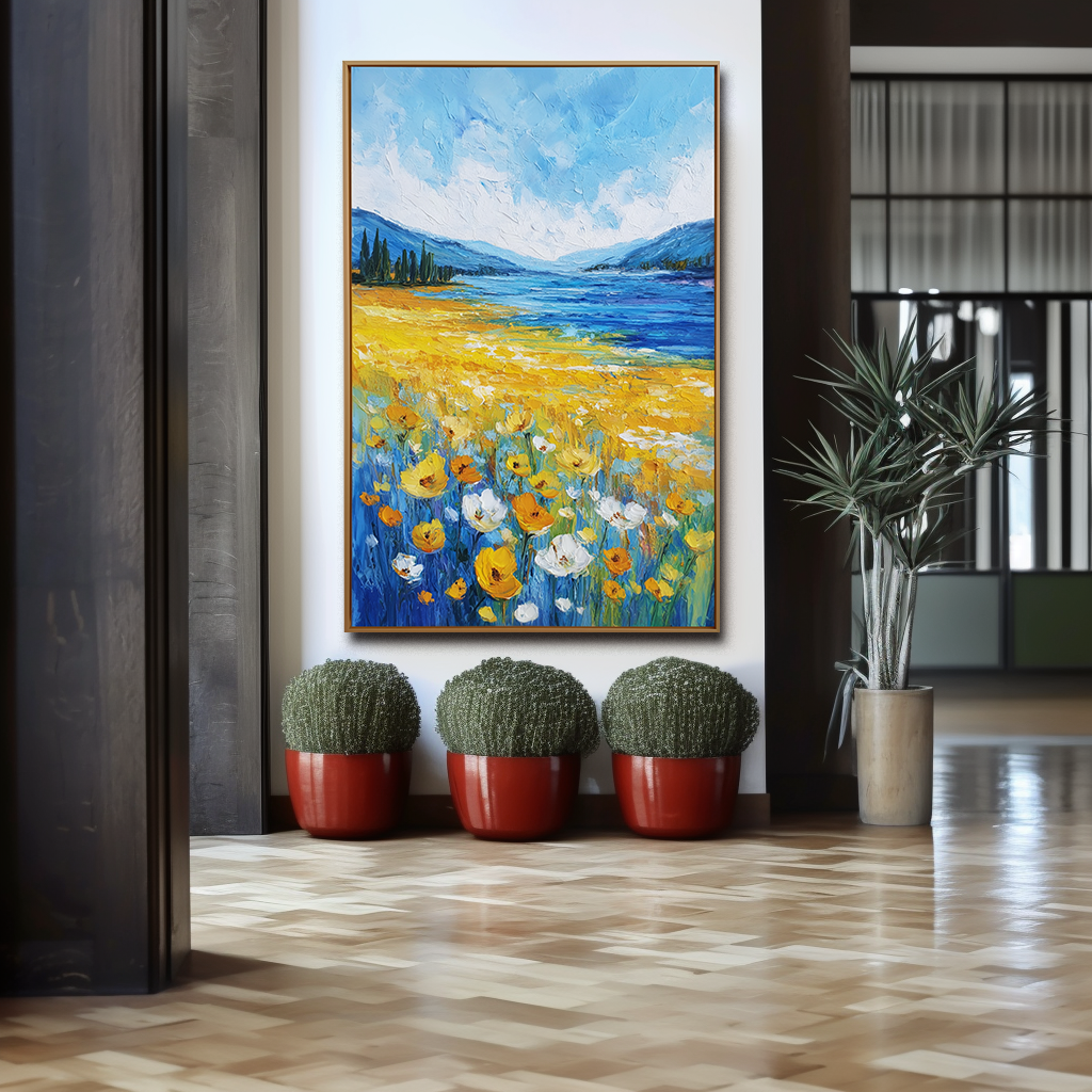 Fields of Light - Yellow Wildflower Landscape Painting Blue Lake & Mountain Wall Art