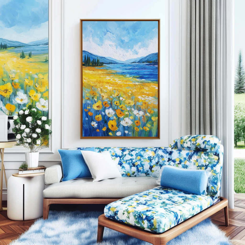 Fields of Light - Yellow Wildflower Landscape Painting Blue Lake & Mountain Wall Art