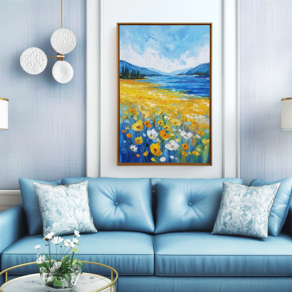 Fields of Light - Yellow Wildflower Landscape Painting Blue Lake & Mountain Wall Art