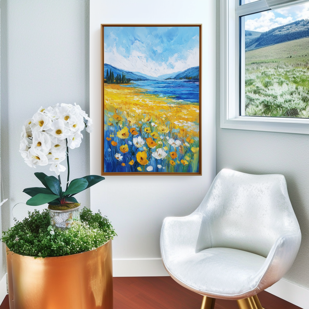 Fields of Light - Yellow Wildflower Landscape Painting Blue Lake & Mountain Wall Art