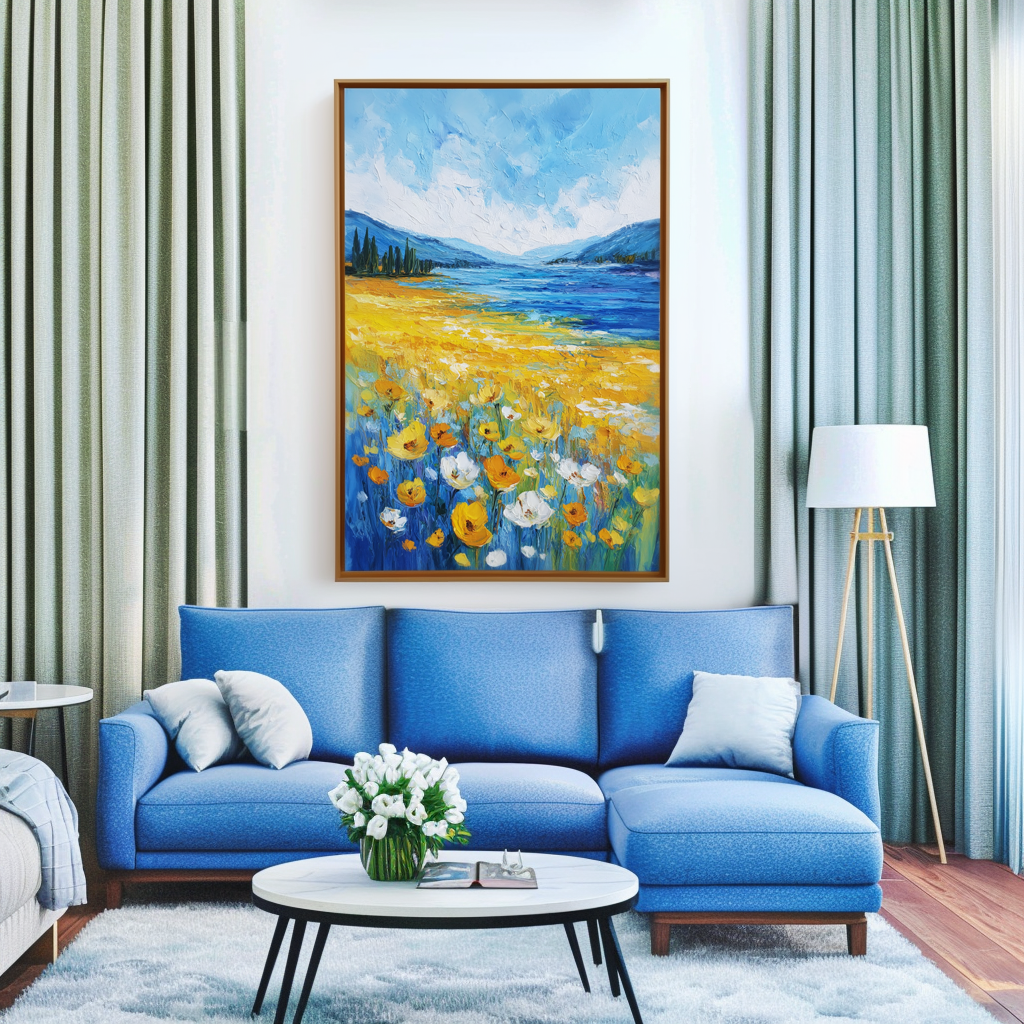 Fields of Light - Yellow Wildflower Landscape Painting Blue Lake & Mountain Wall Art