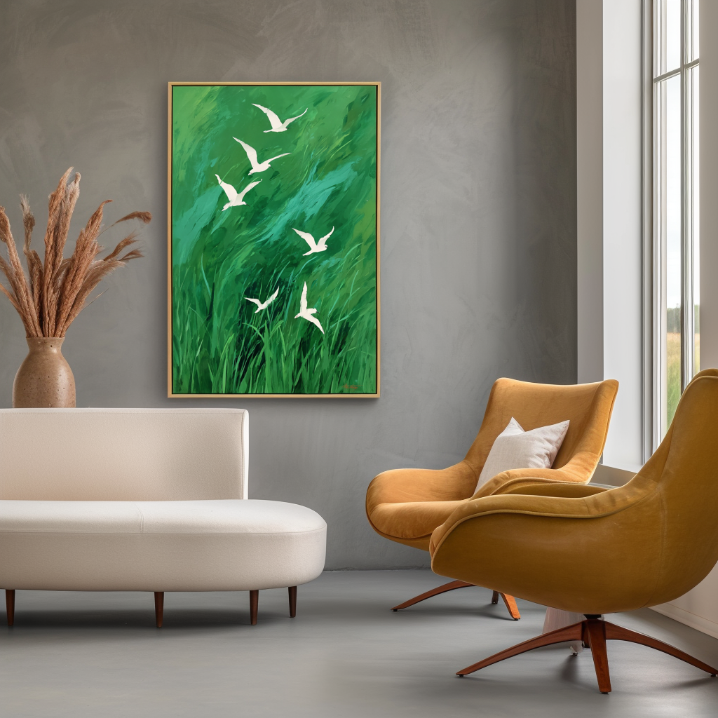 Flight Over Meadow - Large Abstract Green Wall Art with Flying Birds Modern Decor