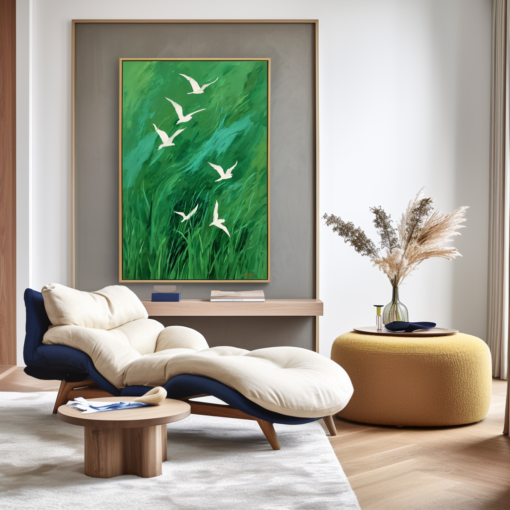 Flight Over Meadow - Large Abstract Green Wall Art with Flying Birds Modern Decor