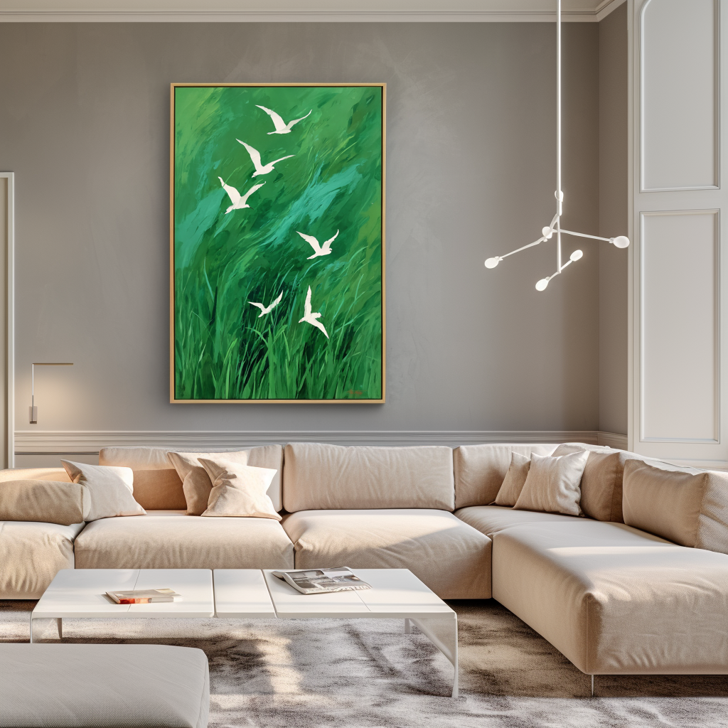 Flight Over Meadow - Large Abstract Green Wall Art with Flying Birds Modern Decor