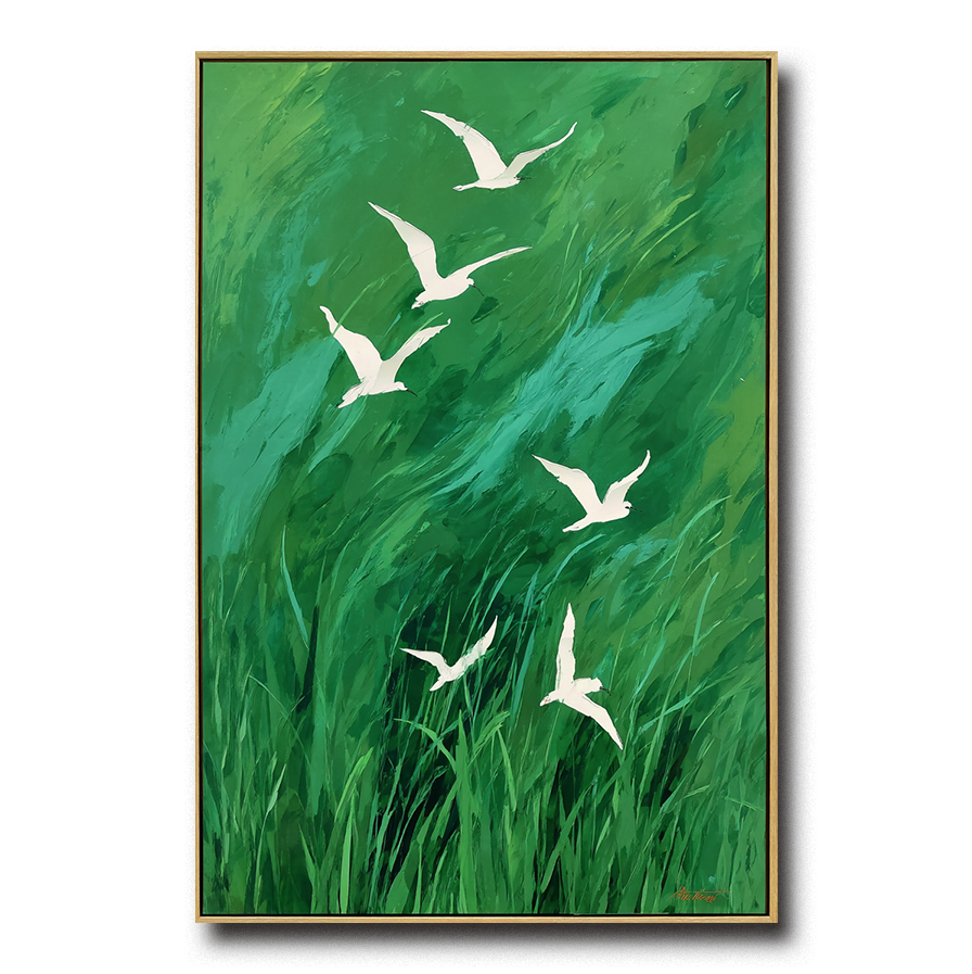 Flight Over Meadow - Large Abstract Green Wall Art with Flying Birds Modern Decor