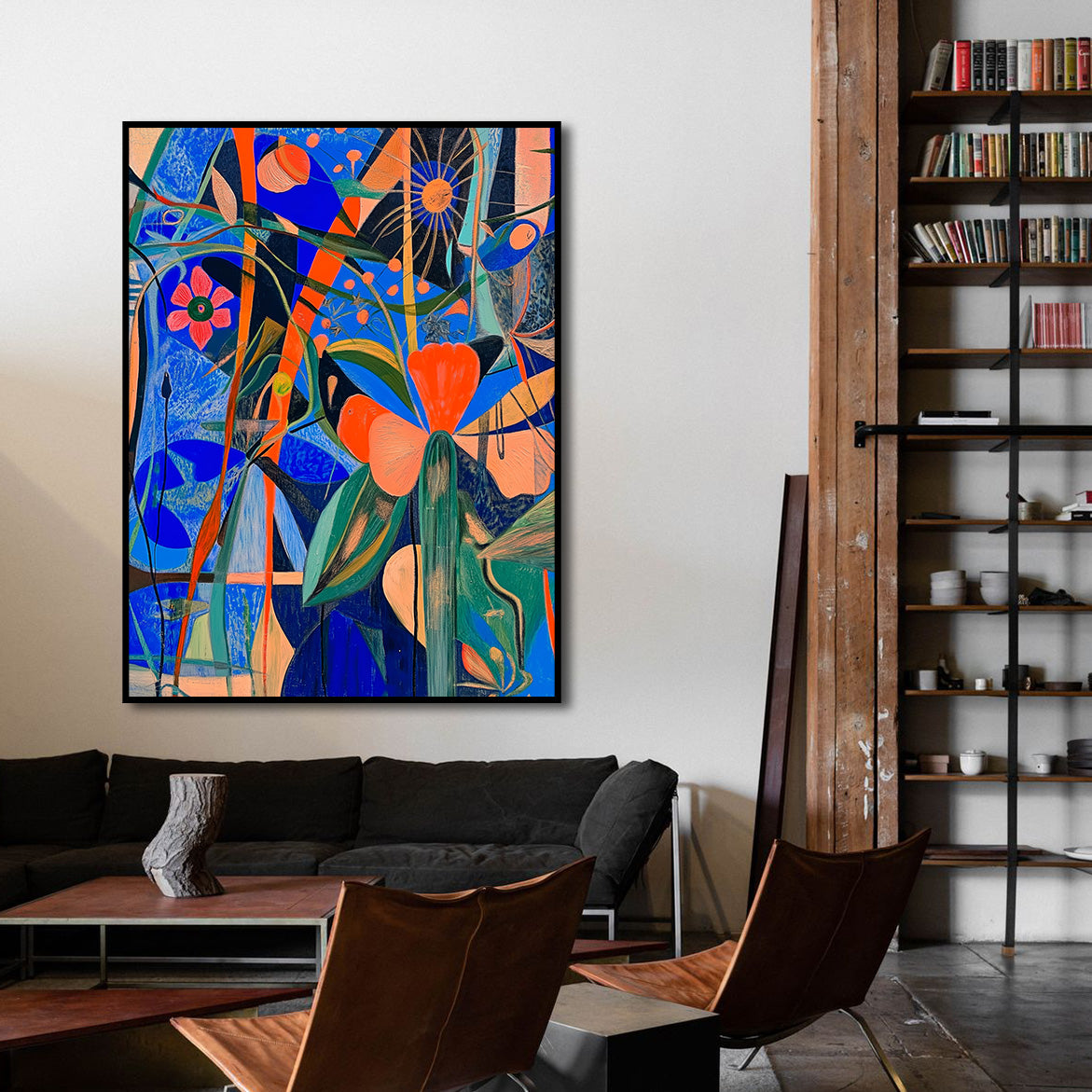 Floral Frequency - Colorful Abstract Floral Painting Bold Blue & Orange Modern Wall Art