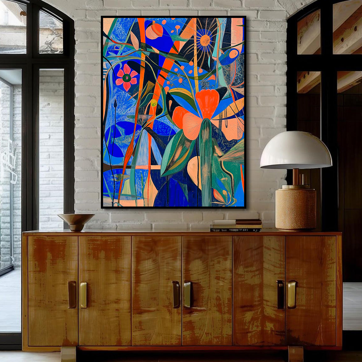 Floral Frequency - Colorful Abstract Floral Painting Bold Blue & Orange Modern Wall Art