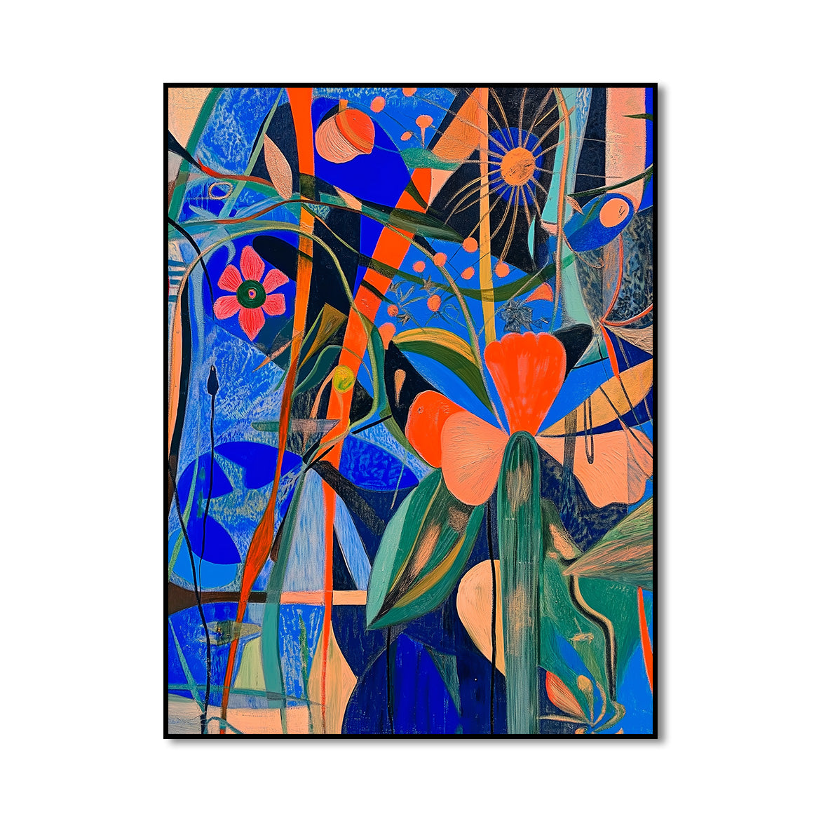 Floral Frequency - Colorful Abstract Floral Painting Bold Blue & Orange Modern Wall Art