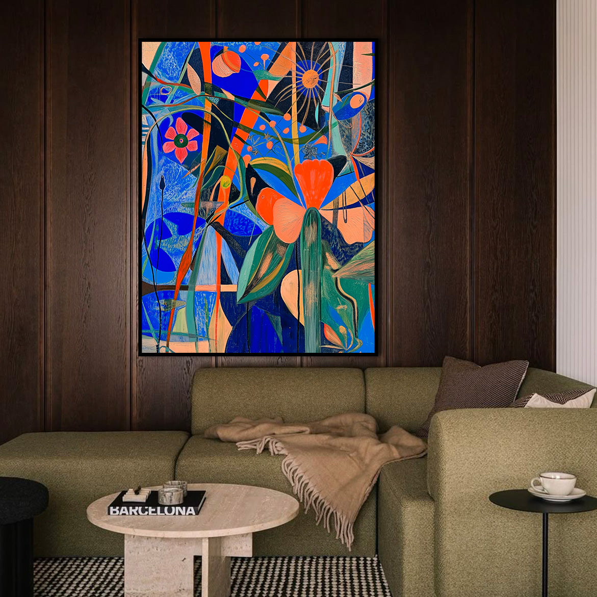 Floral Frequency - Colorful Abstract Floral Painting Bold Blue & Orange Modern Wall Art