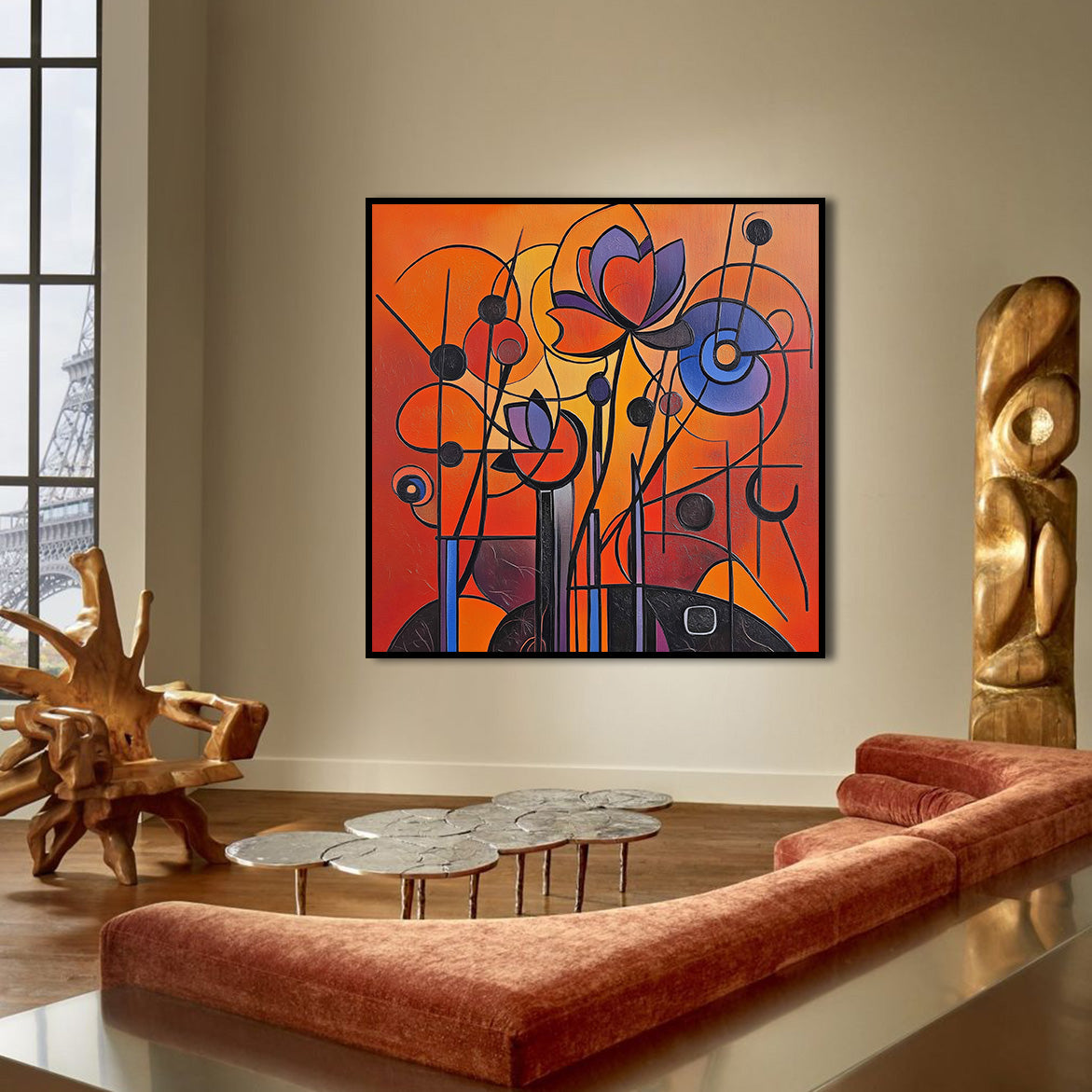 Floral Frequency - Geometric Abstract Floral Painting Bold Red Orange Purple Wall Art